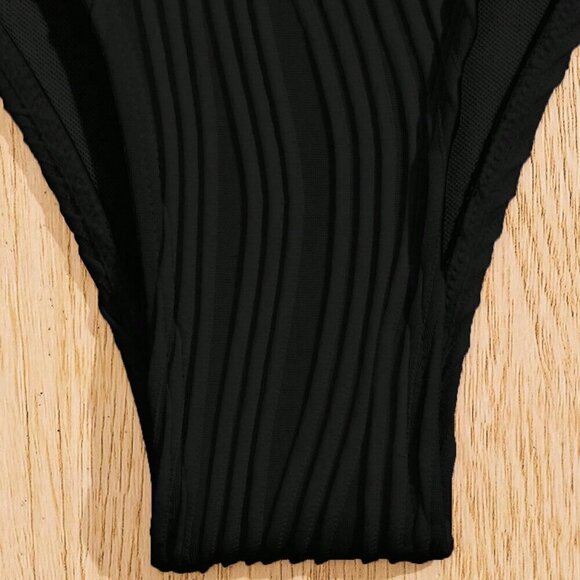 Black Cute Women's Beach Faux Pearl Decorated Shoulder Strap Sexy Bikini Set - Picture 6 of 6